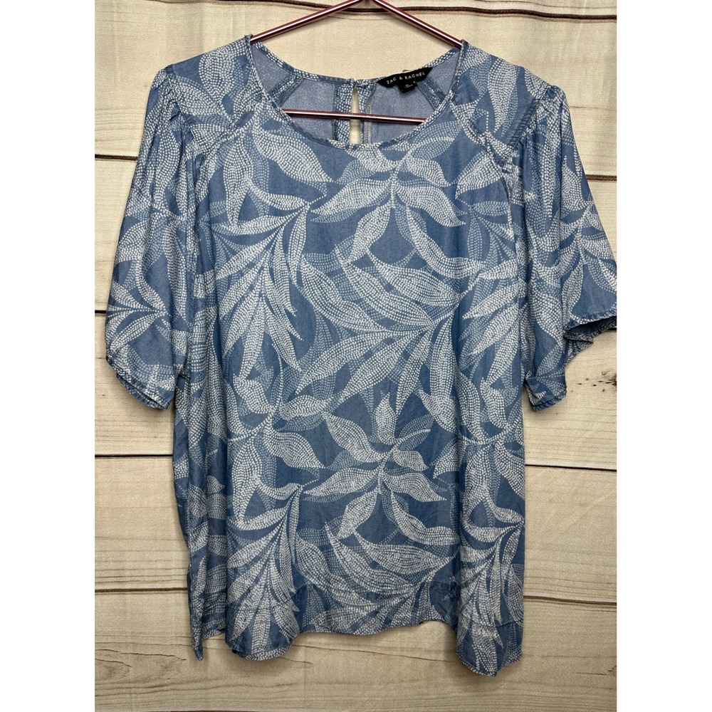 Zac & Rachel Blouse Women XL Blue Leaf Print Lyocell Short Sleeve Keyhole Top